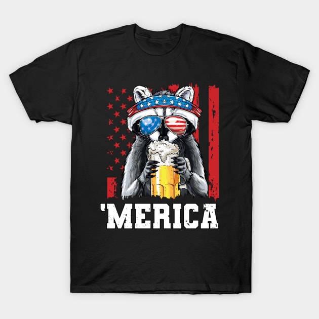 4th of July Patriotic Raccoon Merica USA Flag Drinking Team T-Shirt by Pennelli Studio
